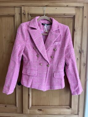 Pink Tweed Double-Breasted Blazer with Gold Buttons
